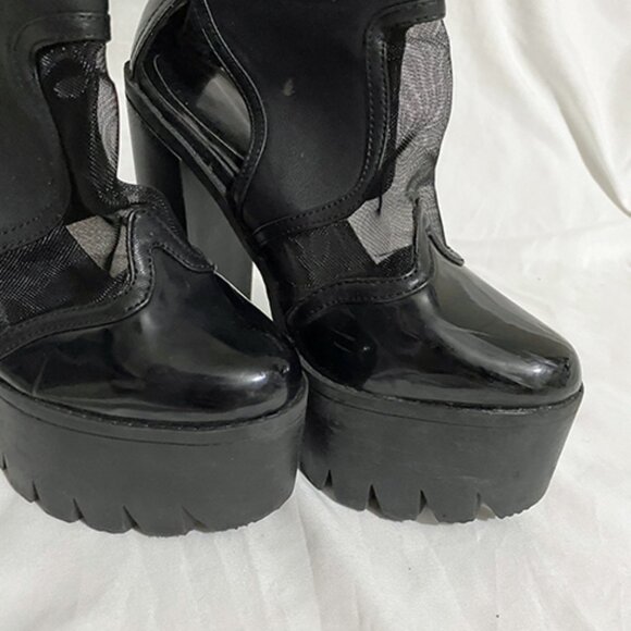 90s y2k chunky faux leather platform mesh goth block heels ankle boots | sz 7 - Picture 3 of 4